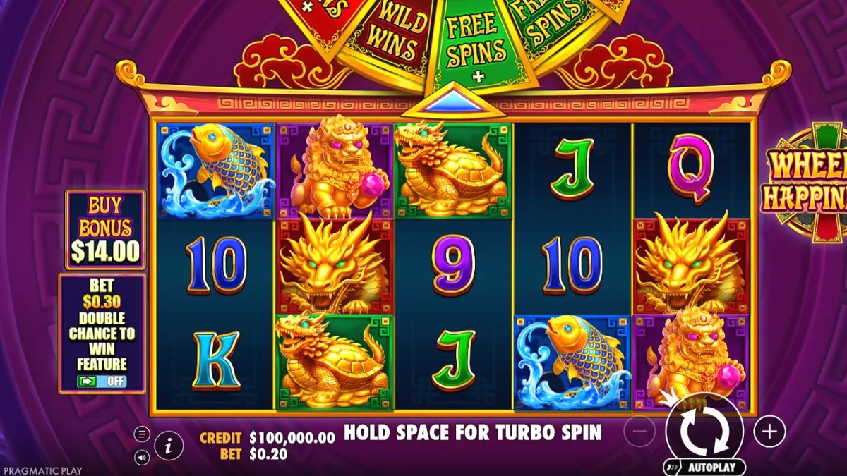 Wheel of Happiness slot machine interface with golden dragon symbols