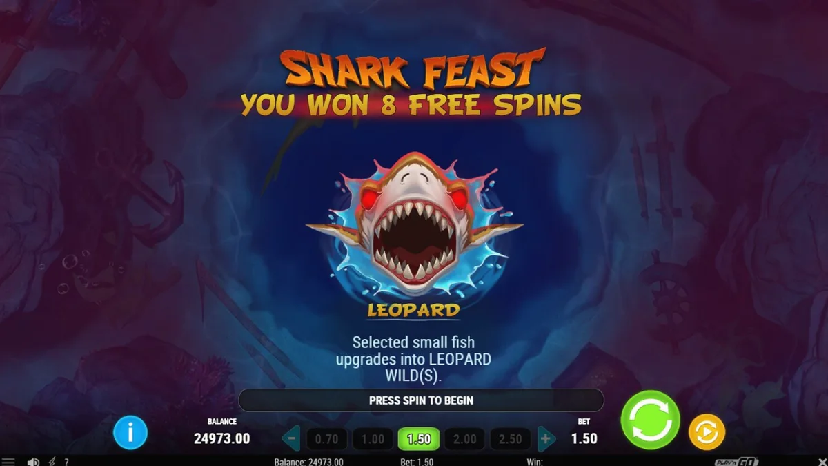 Tampilan antarmuka seluler slot Megadon Triple Threat dengan tema hiu di bawah laut.